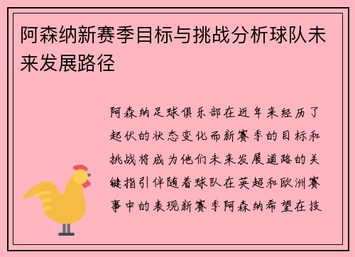 阿森纳新赛季目标与挑战分析球队未来发展路径